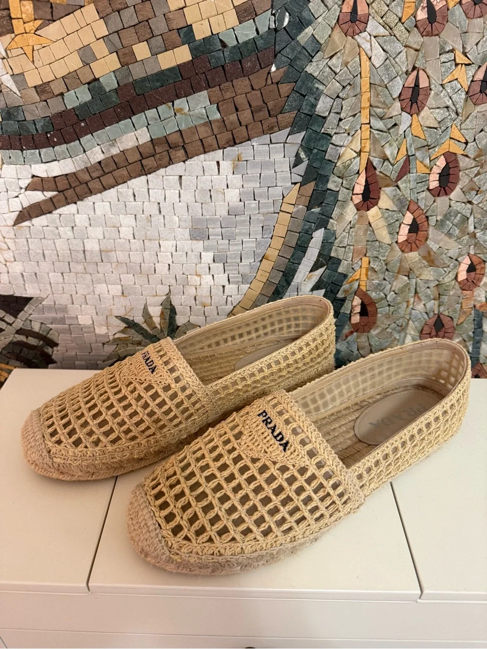 Prada Natural Beige Woven Espadrille Slip-Ons